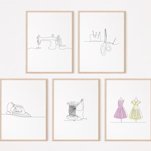 5 carteles de costura/arte de pared de costurera/decoración de pared/conjunto de galería de sala de artesanía imprimible/impresión de arte de línea de máquina/obra de arte/descarga digital/regalos/L67