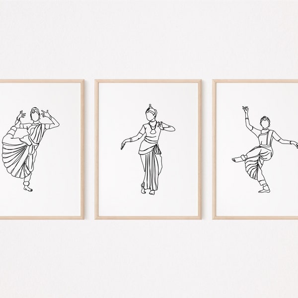 3 Bharatanatyam Posters/Indian Dance Wall Art/Tamil Dance Decor Printable/Teacher Gift/Music Print/Line Art Drawing/Digital Download/L110