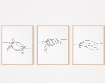 3 Sea Turtle Wall Art/Water Animal Poster/Print/Tortoise Printable/Wall Decor/Picture/Line Art Drawing/Digital Download/Illustration/L270