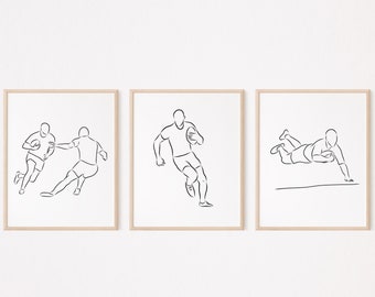 May include: Three black and white line drawings of rugby players in action. The first drawing shows two players in a tackle. The second drawing shows a player running with the ball. The third drawing shows a player diving to score a try.