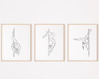 May include: Three black and white line drawings of a person performing pole dancing poses. Each drawing is framed in a light wood frame.