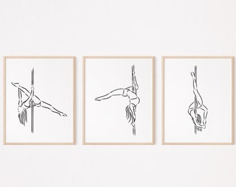 May include: Three black and white line drawings of a person performing pole dancing poses. Each drawing is framed in a light wood frame and displayed on a white wall.
