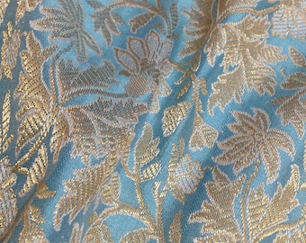 Sky Blue Brockade with Gold Floral For Bridal Dresses Sold By Yards.