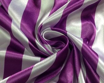 Tela de satén charmeuse de seda a rayas moradas y blancas: tela ligera para vestidos, vendida por yardas.
