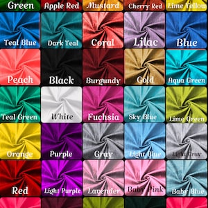 Puede incluir: Una tabla de 25 muestras de tela de diferentes colores, con el nombre de cada color escrito debajo de la muestra.