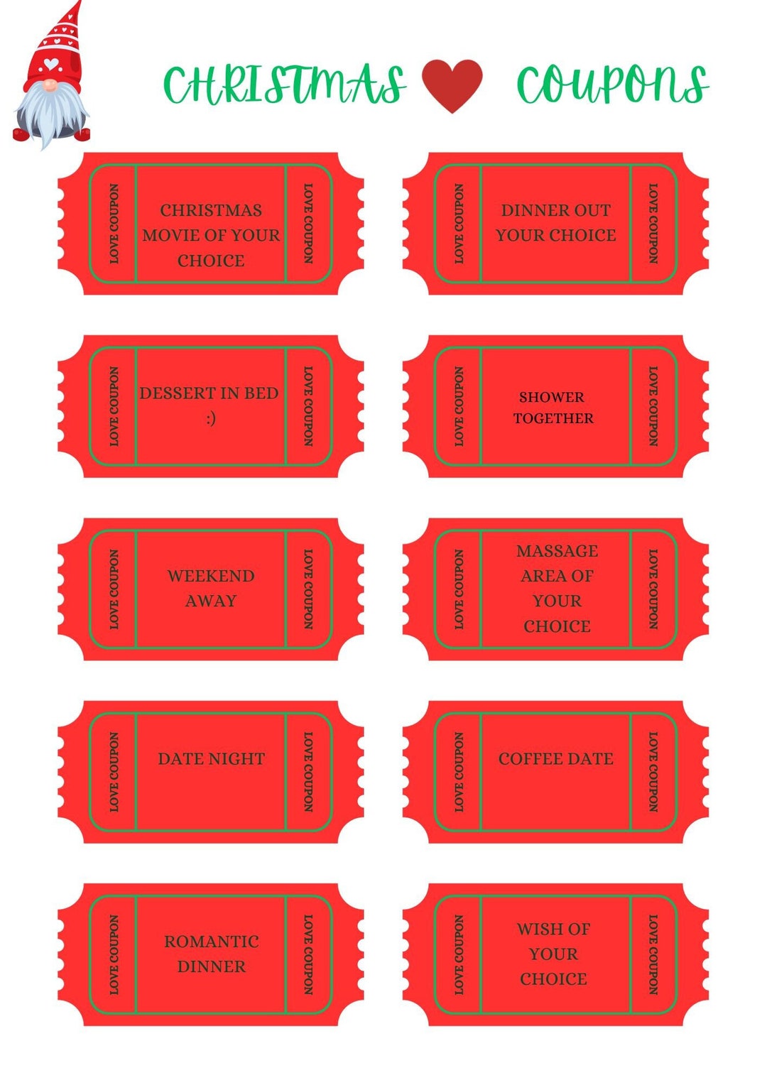 Christmas Love Coupons, Printable, PDF, Couples, Lovers, Boyfriend ...