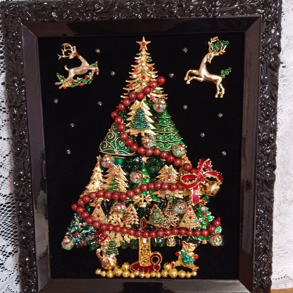 Christmas Tree, Framed Jewelry Art, One of a Kind Gift, Unique Vintage Home and Wall Decor