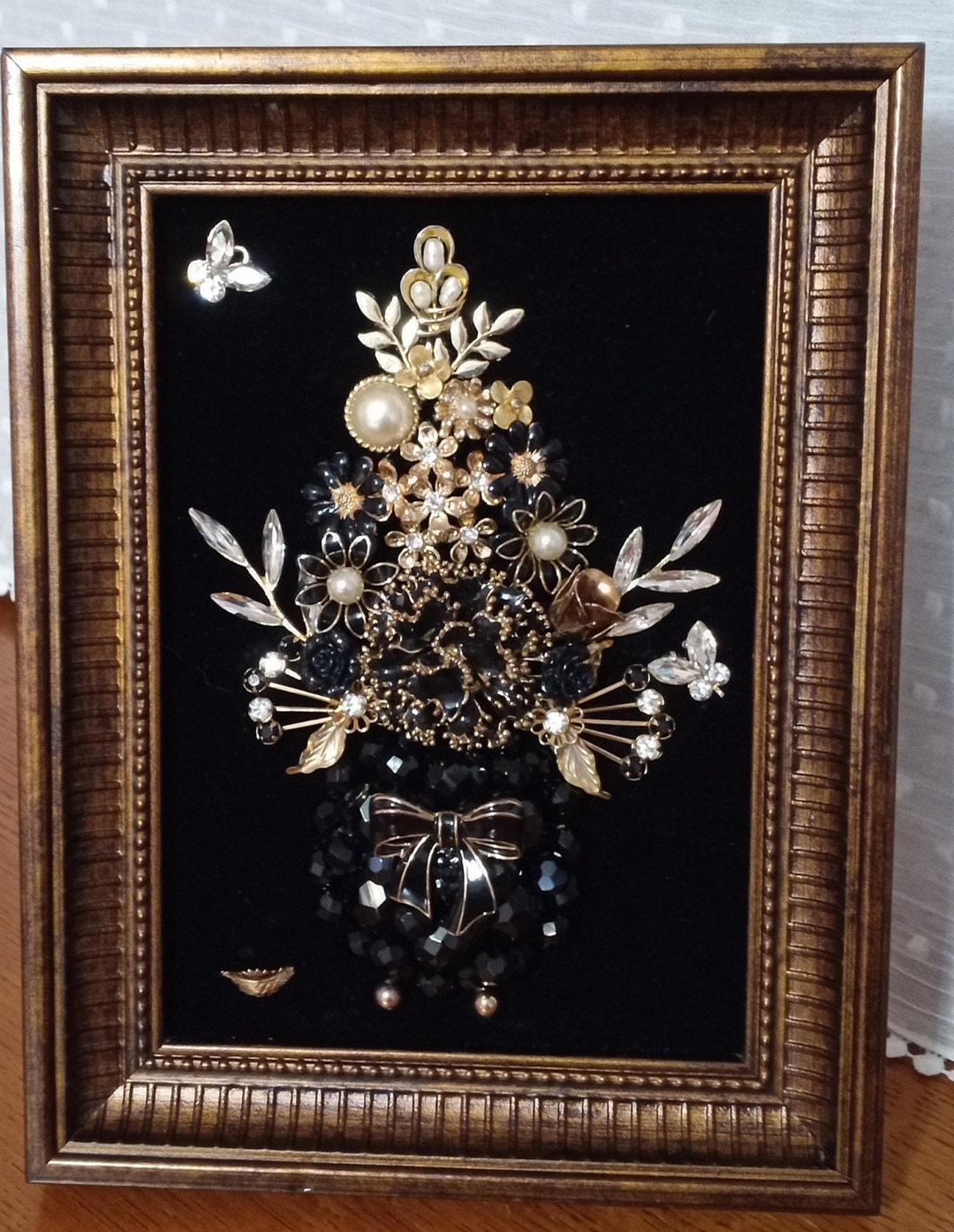 Black Floral Jeweled Framed Art, Jewelry Collage, Vintage , One of a Kind Gift, Unique Vintage