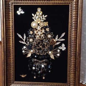 Black Floral Jeweled Framed Art: Vintage Jewelry Collage