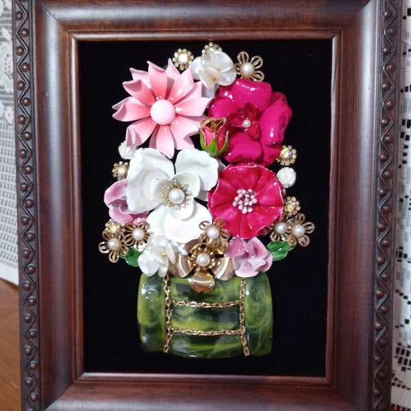 Pink Floral Jeweled Framed Art, Jewelry Collage, Vintage , One of a Kind Gift, Unique Vintage Home and Wall Decor