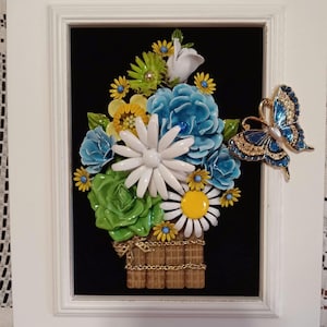 Blue Floral Jewelry Collage Art: Vintage Jeweled Wall Decor