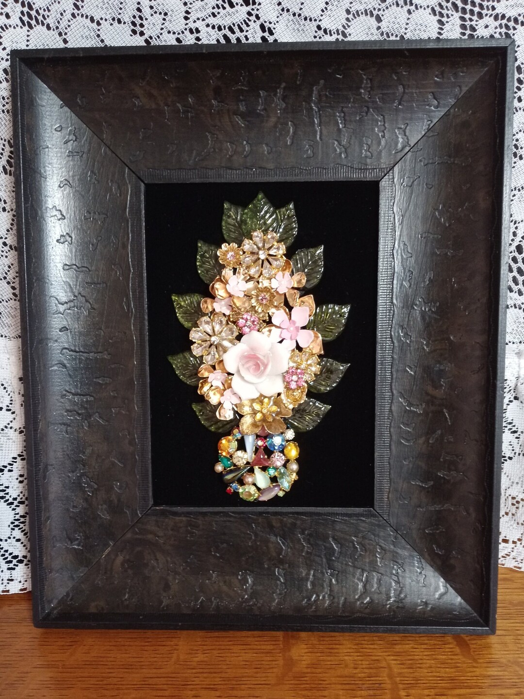 Pink Floral Jeweled Framed Art Jewelry Collage Vintage One Etsy