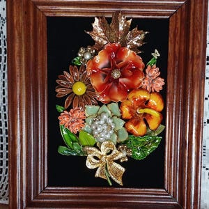 Vintage Jeweled Floral Collage Art: Brown Framed Jewelry Display
