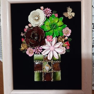 Floral Jewelry Collage Art: Pink & Green Vintage Brooch Bouquet