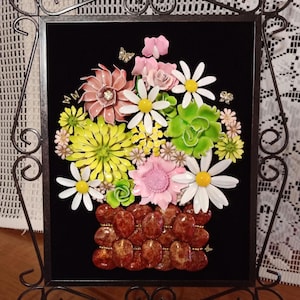 Floral Jeweled Collage Art: Vintage Jewelry, Framed Decor