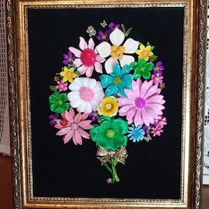 Vintage Floral Jewelry Collage Art: Jeweled Bouquet in Gold Frame