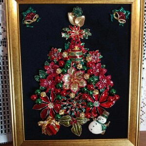 Framed Jewelry Art: Poinsettia Christmas Tree, Vintage Holiday Decor (9x11 inches)