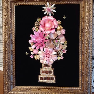 Pink Floral Jeweled Collage Art: Vintage Jewelry, Framed Decor