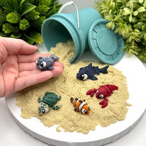 Puede incluir: Un cubo turquesa con asa y tapa blancas, volcado sobre un lecho de arena. Criaturas marinas de arcilla en miniatura, incluyendo una foca, un tiburón, una tortuga, un pez payaso y una langosta, están dispersas.