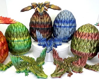 Matching dragon and egg for boy, crystal wing dragon with scale egg, 3D printed articulated dragon fidget, boy colors blue brown green red