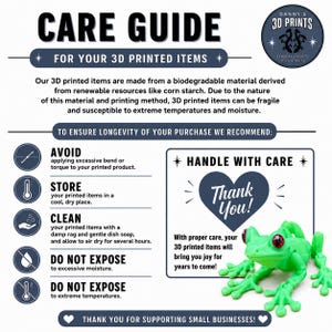 May include: A white informational care guide for 3D printed items featuring the Danny's 3D Prints logo, instructions to avoid heat and moisture, and a bright green 3D printed frog figurine with red eyes positioned in the bottom right corner.