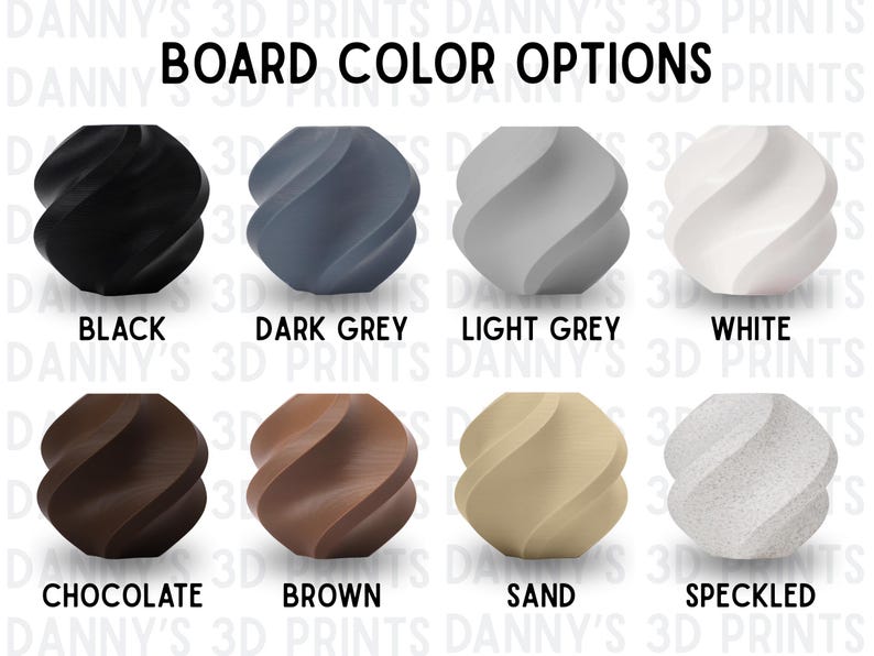 May include: A grid of eight spherical objects with a twisted, spiraled texture, labelled BOARD COLOUR OPTIONS. Colours include black, dark grey, light grey, white, chocolate, brown, sand, and a speckled finish, all arranged in two rows of four.
