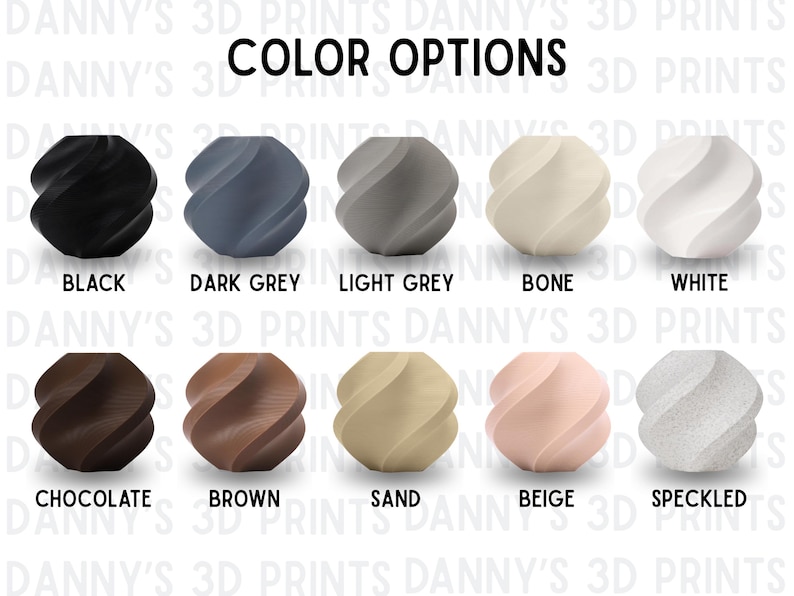 Puede incluir: Una cuadr&iacute;cula de diez peque&ntilde;os jarrones geom&eacute;tricos en espiral con los textos COLOR OPTIONS y DANNY'S 3D PRINTS. Los colores son negro, gris oscuro, gris claro, hueso, blanco, chocolate, marr&oacute;n, arena, beige y moteado. Cada jarr&oacute;n tiene forma.