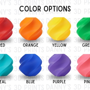 Puede incluir: Una cuadr&iacute;cula de ocho objetos esf&eacute;ricos en espiral etiquetados como COLOR OPTIONS y DANNY'S 3D PRINTS. Los colores son rojo, naranja, amarillo, verde, azul verdoso, azul, morado y rosa. Cada objeto presenta una textura geom&eacute;trica retorcida.