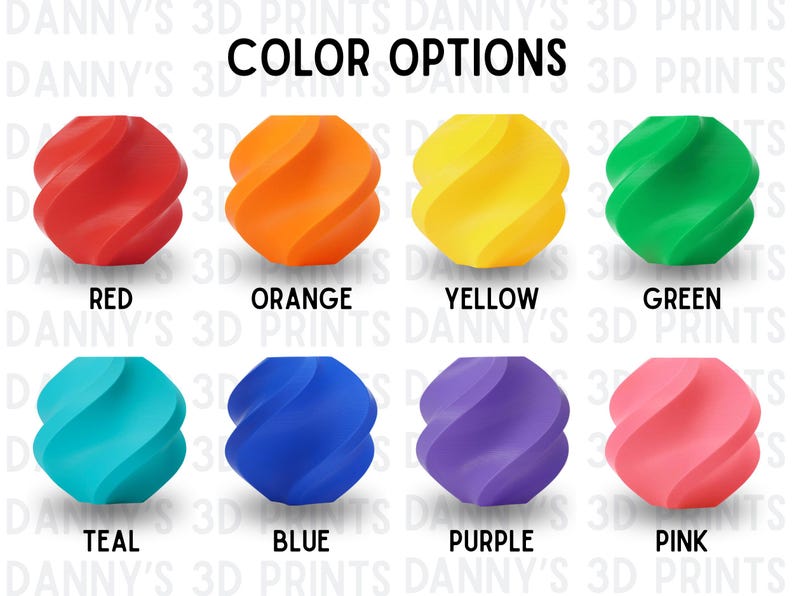 Puede incluir: Una cuadr&iacute;cula de ocho objetos esf&eacute;ricos en espiral etiquetados como COLOR OPTIONS y DANNY'S 3D PRINTS. Los colores son rojo, naranja, amarillo, verde, azul verdoso, azul, morado y rosa. Cada objeto presenta una textura geom&eacute;trica retorcida.