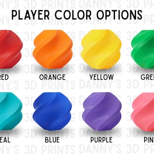May include: Eight spherical objects with a twisted, spiral texture arranged in two rows. The colours are red, orange, yellow, green, teal, blue, purple, and pink. The text reads PLAYER COLOR OPTIONS with each colour labelled below its respective object.