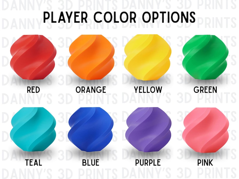 May include: Eight spherical objects with a twisted, spiral texture arranged in two rows. The colours are red, orange, yellow, green, teal, blue, purple, and pink. The text reads PLAYER COLOR OPTIONS with each colour labelled below its respective object.