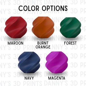 Puede incluir: Cinco objetos esf&eacute;ricos con una textura retorcida y en espiral dispuestos en dos filas. Los colores son granate, naranja quemado, verde bosque, azul marino y magenta. El texto "COLOR OPTIONS" aparece en la parte superior, con etiquetas debajo de cada objeto.