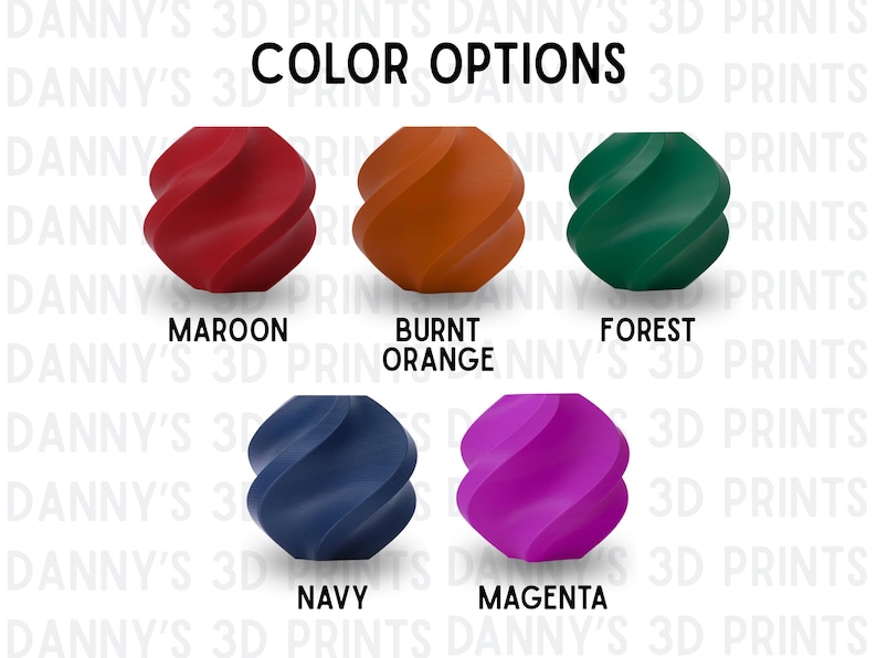 Puede incluir: Cinco objetos esf&eacute;ricos con una textura retorcida y en espiral dispuestos en dos filas. Los colores son granate, naranja quemado, verde bosque, azul marino y magenta. El texto "COLOR OPTIONS" aparece en la parte superior, con etiquetas debajo de cada objeto.