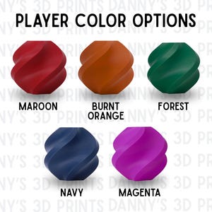 May include: A display of five spherical objects with a twisted, spiraled texture, labelled PLAYER COLOUR OPTIONS. The colours are maroon, burnt orange, forest green, navy blue, and magenta. Each object is positioned above its corresponding colour name.