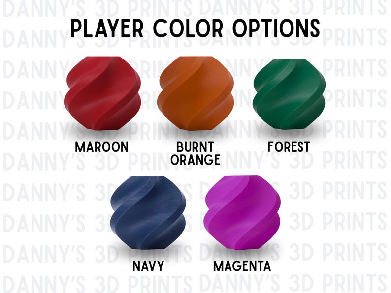 May include: A display of five spherical objects with a twisted, spiraled texture, labelled PLAYER COLOUR OPTIONS. The colours are maroon, burnt orange, forest green, navy blue, and magenta. Each object is positioned above its corresponding colour name.