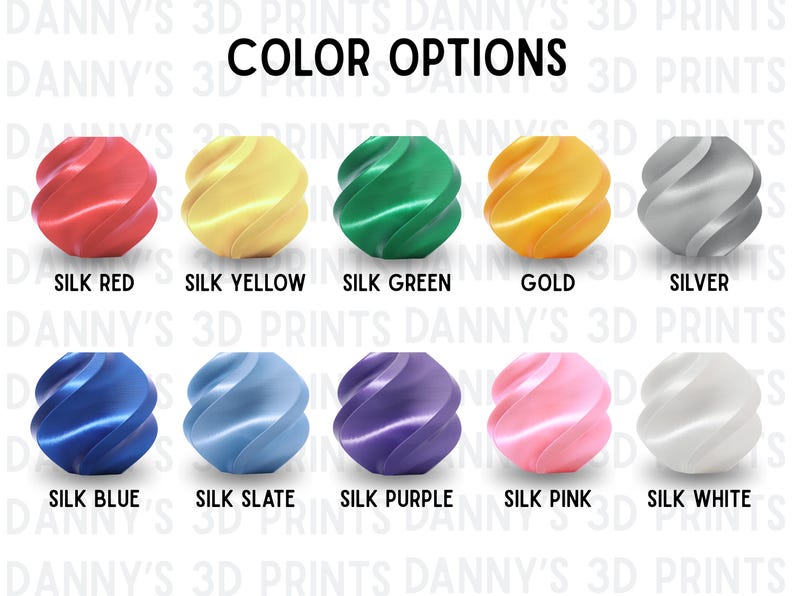 Puede incluir: Una cuadr&iacute;cula de diez objetos esf&eacute;ricos con textura en espiral, etiquetados como COLOR OPTIONS y DANNY'S 3D PRINTS. Los colores incluyen rojo seda, amarillo seda, verde seda, oro, plata, azul seda, pizarra seda, morado seda, rosa seda y blanco seda.