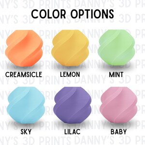Puede incluir: Seis objetos esf&eacute;ricos con una textura retorcida y en espiral dispuestos en dos filas. Los colores est&aacute;n etiquetados como Creamsicle, Lemon, Mint, Sky, Lilac y Baby. El texto COLOR OPTIONS aparece arriba, con DANNY'S 3D PRINTS repetido al fondo.
