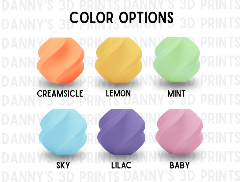 Puede incluir: Seis objetos esf&eacute;ricos con una textura retorcida y en espiral dispuestos en dos filas. Los colores est&aacute;n etiquetados como Creamsicle, Lemon, Mint, Sky, Lilac y Baby. El texto COLOR OPTIONS aparece arriba, con DANNY'S 3D PRINTS repetido al fondo.