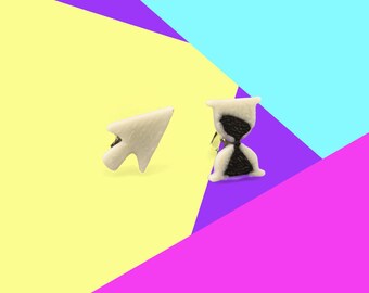 Retro Computer Earrings, Mismatched Cursor & Hourglass Earrings