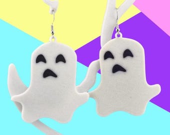 3D Printed Ghost Earrings, Halloween Dangle Jewelry, Lightweight Statement Piece