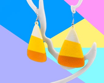 3D Printed Candy Corn Earrings, Halloween Dangle Jewelry, Fall Party Accessory