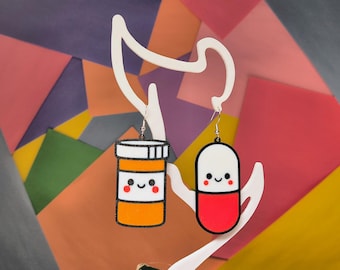 Mismatched Happy Pills & Pill Bottle Earrings: Quirky Nurse Jewelry