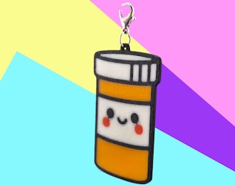 Kawaii Pill Bottle Badge Charm: Quirky Pharmacist/Nurse Jewelry