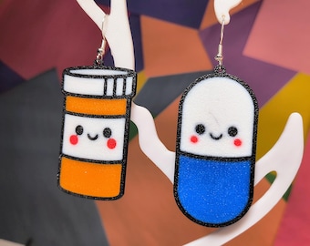 Mismatched Happy Pills & Bottle Earrings: Quirky Nurse Jewelry