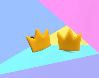 3D Printed Gold Crown Stud Earrings, Playful Queen Jewelry, Handmade Maine Gift