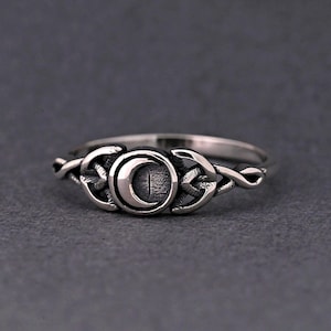 Solid 925 Sterling Silver Celtic Knot Moon Ring, Celestial Jewelry, Personalized Engrave Gift, Thumb Band