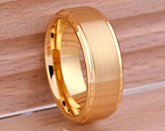 8mm Men's Gold Plated Tungsten Carbide Wedding Ring – Brushed Matte Grooved Center, Hypoallergenic
