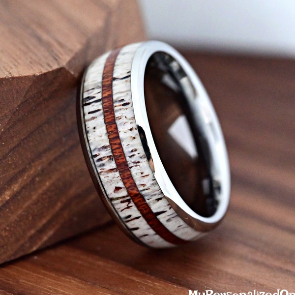 Unique Ring - Thin Whiskey Barrel Wood & Deer Antler Inlay - 8mm Tungsten Carbide Wedding Band - Personalized Engraved Gift - Comfort Fit