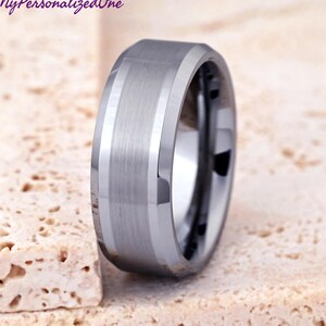 8mm Tungsten Wedding Band – Brushed Center Men&#39;s Ring, Engraved Minimalist Jewelry, Personalized Gift for Him, Modern Custom Ring