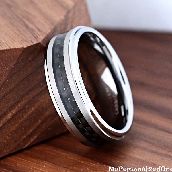 7mm Tungsten Wedding Band - Black Carbon Fiber Inlay - Engagement Ring - Personalized Gift - Promise Ring - Comfort Fit - Unique Ring